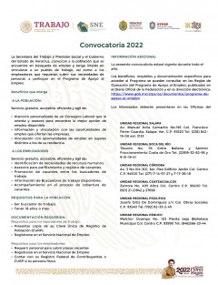 La Secretaría de Trabajo, Previsión Social y Productividad, en coordinación con el Servicio Nacional de Empleo (SNE), pone a disposición de la ciudadanía el Programa de Apoyo al Empleo que tendrá vigencia todo el año y permitirá vincular a solicitantes con empresas que requieren capital humano.

