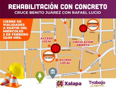 Como parte de los trabajos de mejoramiento de vialidades ubicadas en el Centro Histórico, este miércoles iniciará la rehabilitación con concreto hidráulico del cruce de las calles Benito Juárez con Dr. Rafael Lucio, por lo que a partir de las 22:00 horas se cerrará a la circulación vehicular este entronque.