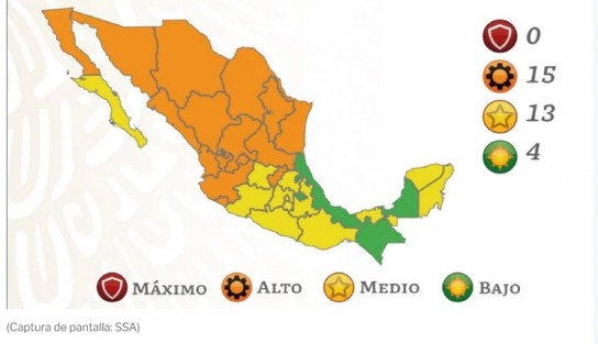 Con cuatro entidades federativas en color verde, 13 en amarillo, 15 en naranja y ninguna en rojo, el próximo lunes entra en vigor el Semáforo de Riesgo Epidémico COVID-19, que tendrá vigencia hasta el 20 de febrero, informa la Secretaría de Salud.
