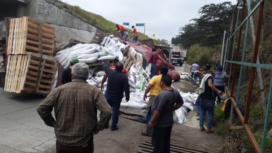 Un tractocamión con cargamento de alimento para ganado volcó la mañana de este sábado a la altura del distribuidor de la Central de Abasto y el fraccionamiento la Pradera. No se reportaron lesionados.
