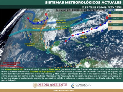 Un frente frío (posible 36)  es desarrollado e impulsado hacia el sureste por una masa de aire polar, esperándose ingrese al noroeste del Golfo de México en las primeras del martes 15, recorriendo con rapidez Tamaulipas, Veracruz y parte de la Península de Yucatán el mismo. 