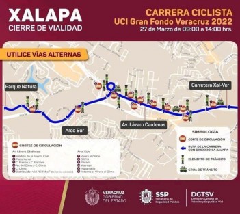 A través de redes sociales se informó que este domingo habrá cierres a la circulación vial en la zona sur de la capital veracruzana, con motivo de la Carrera ciclista UCI Gran Fondo 2022, de 9:00 a 14:00 horas.