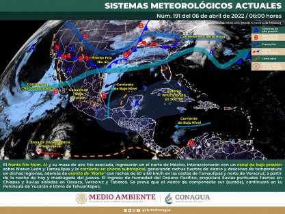  En el transcurso de esta mañana y el mediodía se espera que la Surada pierda intensidad en la regiones de Los Tuxtlas y cuenca del Coatzacoalcos, dando lugar a los efectos del frente frío 41 y su masa polar.  