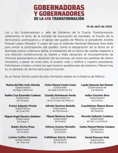 Comunicado de Gobernadores de Morena, respecto a jornada de consulta de Revocación de Mandato. 