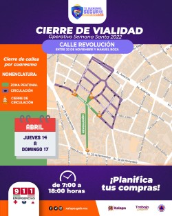 Con el propósito de generar un tránsito vial y peatonal ordenado, el Ayuntamiento, a través del del Departamento de Movilidad Urbana de la Dirección de Desarrollo Urbano, implementará el Operativo Semana Santa 2022 en calles aledañas al mercado Adolfo Ruiz Cortines La Rotonda, del jueves 14 al domingo 17 de abril de 7:00 a 18:00 horas. 