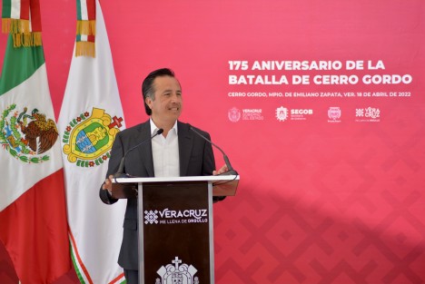 Al encabezar la ceremonia por el 175 aniversario de la Batalla de Cerro Gordo, el gobernador Cuitláhuac García Jiménez anunció el proyecto de erigir una bandera monumental en esta localidad, para que la gente recuerde el hecho histórico donde, en 1847, el Ejército mexicano defendió la soberanía combatiendo a las fuerzas estadounidenses.