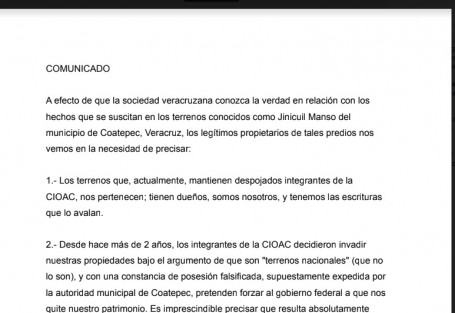 A través de un comunicado y luego de que integrantes de CIOAC se manifestaran en Xalapa, quienes se identifican como auténticos propietarios emiten un comunicado.