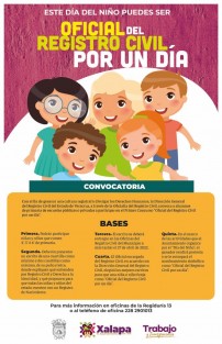 Para generar una cultura registral y divulgar los Derechos Humanos, la Dirección General del Registro Civil del Estado de Veracruz, a través de la Oficialía del Registro Civil de Xalapa, invita al alumnado de cuarto, quinto o sexto grado de primaria de escuelas públicas o privadas a participar en el Primer Concurso Oficial del Registro Civil por un día.