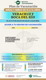 El delegado de programas de Bienestar, Manuel Huerta, informó que a partir de este viernes 6 de mayo iniciará la vacunación de menores de 12 a 14 años. En ciudades grandes como Xalapa y Veracruz, la misma se hará los días 6 y 7 de mayo.  