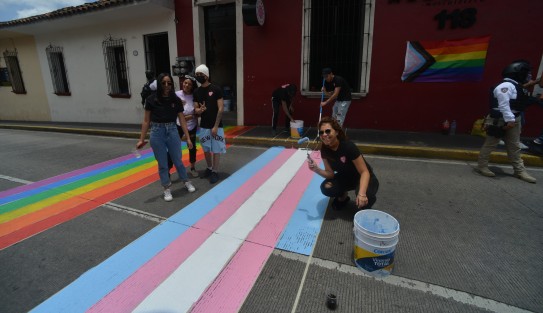 Jóvenes de un conocido antro  del centro de la Ciudad pintaron un paso peatonal para conmemorar el mes orgullo autoridades municipales y de tránsito ayudaron con la logística.