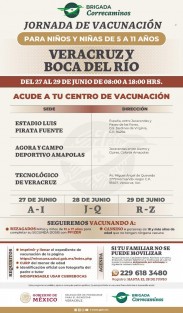 Este lunes 27 de junio inicia la vacunación anti COVID-19 para menores de 5 a 11 años, en Xalapa y Veracruz - Boca del Río.  