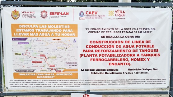 Sumado a las obras que realiza el Ayuntamiento de Xalapa en calles, la CAEV construye una línea de conducción de agua potable para el reforzamiento de tanques (planta potabilizadora a tanques Ferrocarrilero, Homex y Encanto), misma que va para largo, pues se planea concluir en mayo del próximo año. 