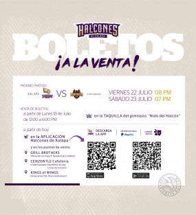 El club Halcones de Xalapa comenzó de manera oficial la venta de boletos para la jornada 1 y 2 de la Liga SISNOVA LNBP, que tendrá lugar este viernes 22 de julio a las 20:00 horas y sábado 23 de julio a las 19:00 horas, en el Nido del Halcón, con los enfrentamientos entre Halcones de Xalapa y Dorados de Chihuahua. 
