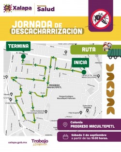 El Ayuntamiento de Xalapa informa que el próximo sábado 3 de septiembre, a partir de las 10:00 horas, se llevará a cabo la Jornada De Descacharrización en la colonia Progreso Macuiltépetl. Se invita  a la ciudadanía a desechar objetos inservibles que puedan acumular agua y se conviertan en criaderos del mosquito transmisor de dengue, chikungunya o zika
