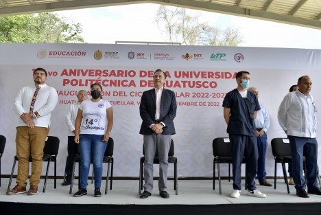 Estuvieron en la celebración de los 14 años de la Politécnica el subsecretario de Educación Media Superior y Superior, Jorge Miguel Uscanga Villalba; los directores generales del Instituto de Espacios Educativos, Ricardo García Jiménez, y de Educación Tecnológica, David Hernández Santiago; además del rector Erick Sánchez Ibáñez.