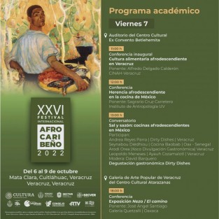 El Instituto Veracruzano de la Cultura presenta el programa académico del XXVI Festival Internacional Afrocaribeño 2022, fiesta que celebra nuestra raíz afrodescendiente y que esta edición tiene como eje temático a la gastronomía.