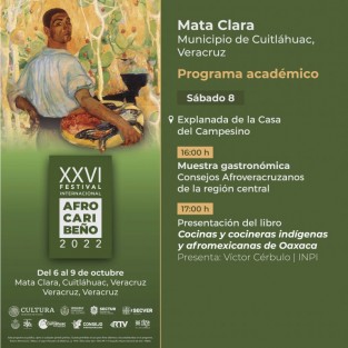 El Instituto Veracruzano de la Cultura llevará a cabo actividades del XXVI Festival Internacional Afrocaribeño en la comunidad de Mata Clara, del municipio de Cuitláhuac, Veracruz, los próximos sábado 8 y domingo 9 de octubre.