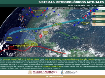 Sistemas meteorológicos y su previsión: a las 7:00 horas de hoy el centro de la tormenta tropical Karl se ubicó a 275 km al Este-Noreste del puerto de Tuxpan con vientos máximos sostenidos de 70 km/h y movimiento al nor-noroeste de 9 km/h. 