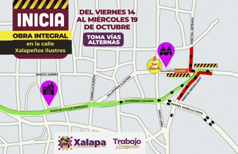 A partir de las 19:00 horas de este viernes 14 de octubre se realizará un corte de circulación en el cruce de las calles Xalapeños Ilustres, Rojano y Nogueira.