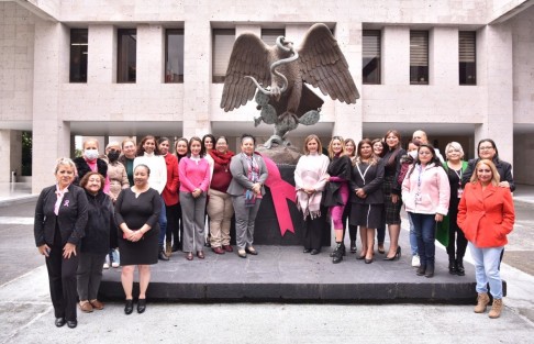 Con un llamado a la concientización y la prevención, integrantes de la LXVI Legislatura, encabezadas por las diputadas Illya Dolores Escobar Martínez y Cecilia Guevara, presidenta de la Mesa Directiva, conmemoraron el Día Internacional de Lucha contra el Cáncer de Mama, con la colocación del distintivo rosa en explanada del Palacio Legislativo.

