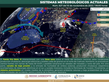 Canales de baja presión y la entrada de humedad de los océanos Pacífico y Atlántico, producirán chubascos vespertinos acompañados de descargas eléctricas en el sur y sureste del país, incluida la Península de Yucatán.