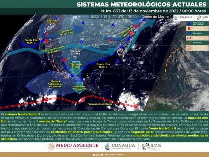El sistema frontal No. 8 se extenderá sobre el oriente y sur del Golfo de México, prolongándose con características de estacionario hasta el sur de Veracruz, ocasionará lluvias fuertes en Veracruz y Oaxaca, así como chubascos en oriente y sureste de México.

