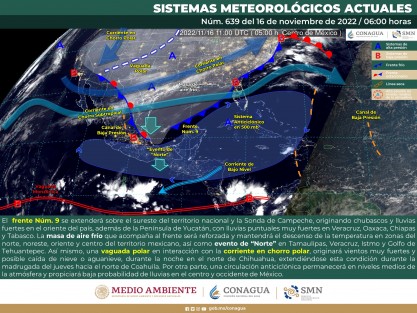 El sistema frontal No. 9 tenderá a mantenerse semi-estacionario en el centro del Golfo de México interactuando con un canal de baja presión en su parte frontal, mientras que la masa de aire frío que se le asocia se mantendrá cubriendo a Tamaulipas y Veracruz, manteniéndose cielo medio nublado a nublado en ambas entidades. 