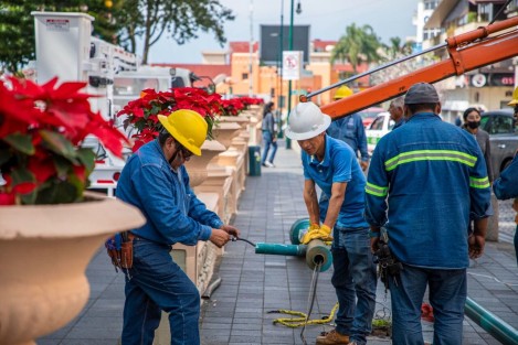 Personal de la Dirección de Alumbrado Público realiza la instalación de cerca de 100 luminarias tipo LED en el parque Benito Juárez y la calle Ignacio Allende, en las inmediaciones del Hemiciclo a las Cuatro Virtudes.