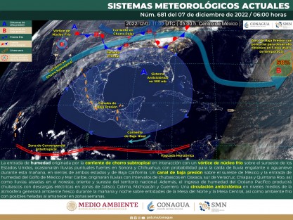 Una canal de baja presión sobre el sureste del país y la entrada de humedad del  Golfo de México y Mar Caribe originarán lluvias con intervalos de chubascos, en Oaxaca, sur de Veracruz, Chiapas y Quintana Roo, así como lluvias aisladas en el noreste, oriente y sureste de territorio nacional.
