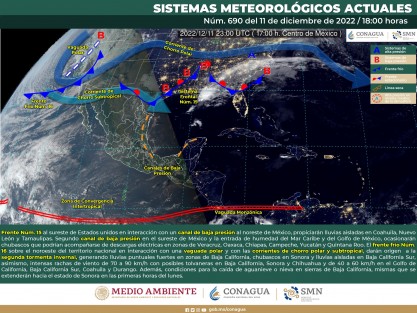Durante esta noche y madrugada del lunes, el frente Núm. 15 se desplazará al sureste de Estados Unidos dejando de afectar al país, sin embargo, un canal de baja presión en el sureste de México y la entrada de humedad del Mar Caribe y del Golfo de México, ocasionarán chubascos que podrían acompañarse de descargas eléctricas en zonas de Veracruz, Oaxaca, Chiapas, Campeche, Yucatán y Quintana Roo. 