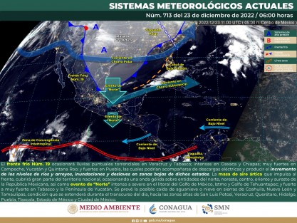 El Frente Frío No. 19 avanza hacia el sur y sureste impulsado por una potente masa de aire ártico, se espera alcance la zona sur del estado y oeste de Tabasco después del mediodía de hoy, donde tendería a mostrar menor movimiento. 