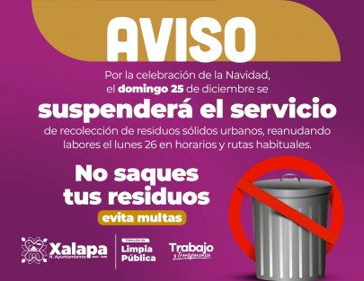 Para mantener una buena imagen urbana en el municipio durante esta temporada de fiestas decembrinas, el Ayuntamiento, a través de la Dirección de Limpia Pública, exhorta a la población a respetar los días de suspensión de labores y toques de campana para la recolección de residuos. 

