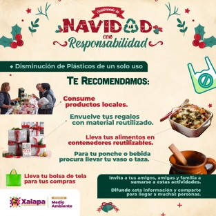 El Ayuntamiento de Xalapa invita a reducir en estas fiestas el uso de plásticos de un solo uso.  
