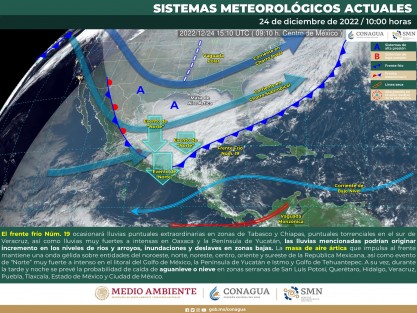 Amplias zonas de nublados persisten en la entidad veracruzana, con presencia de lluvias, lloviznas y densos bancos de niebla en la montaña, así como dispersos en planicies y costas del norte hasta el Actopan y en las cuencas del sur, así mismo, existen las condiciones para la presencia de chubascos en las cuencas del norte y dentro del Papaloapan, Coatzacoalcos y Tonalá. 
