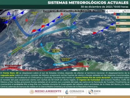  Cielo medio nublado la mayor parte del día. Ambiente fresco en la región durante la mañana, así como frío con posibles heladas en zonas altas de Veracruz. Por la tarde, nublado con lluvias aisladas en zonas de Veracruz.