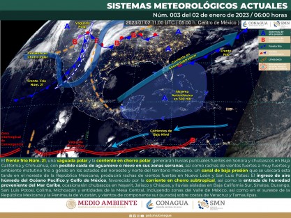 Un profundo sistema de baja presión en desarrollo, sobre el oeste-centro de los Estados Unidos, que aloja al frente frío 21, y se está moviendo hacia el este, estará favoreciendo un evento de Surada a partir de esta tarde-noche y hasta mañana martes 3 en varias regiones del estado de Veracruz, lo que a su vez ocasionará tiempo caluroso con probabilidad muy baja de lluvias.