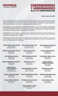 Gobernadores de la 4T publicaron una carta en apoyo a la Jefa de Gobierno de la Ciudad de México, en torno al manejo que se ha dado al lamentable accidente en la línea 3 del Metro. Condenando el manejo político y faccioso, que la oposición hace de los hechos. 