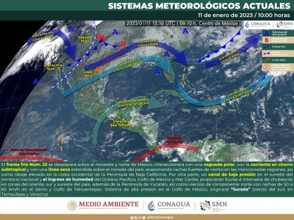 El frente frío 23  se mueve hacia el Este-Sureste sobre los Estados Unidos y noroeste de México, esperándose ingrese al noroeste del Golfo de México la mañana del jueves 12 y recorra Tamaulipas y Veracruz entre este día y el viernes 13, aumentando los nublados y el potencial de lluvias. Detrás de este, su masa fría, fortalecida por aire ártico, estará ocasionando un evento de Norte con rachas máximas en la costa central de Veracruz, oleaje elevado y descenso de temperatura.