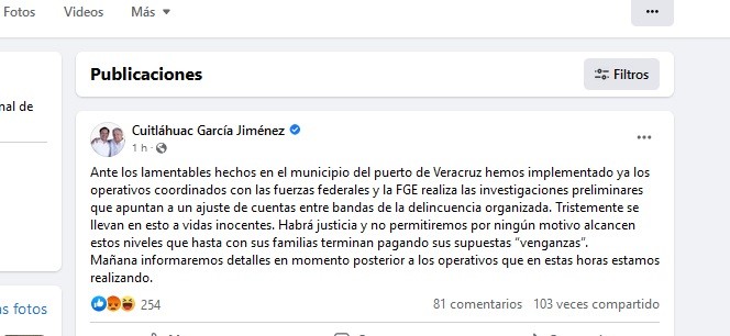 En sus cuentas de  redes sociales, el Gobernador Cuitláhuac García, emitió su comentario sobre los hechos violentos en el municipio de Veracruz, de este domingo. 