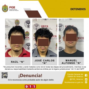  La Fiscalía General del Estado informa, que derivado de trabajos de investigación, elementos de la Policía Ministerial, detuvieron a Raúl “N”, Manuel Alfonso N y José Carlos N, este último sobrino de la víctima, por su presunta participación en la desaparición de Sara Hilda N, hechos suscitados en la ciudad de Xalapa.
