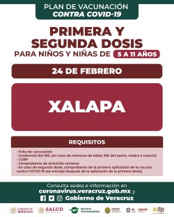 El Gobierno del Estado, a través de la Secretaría de Salud, continúa la aplicación de primeras y segundas dosis de la vacuna pediátrica Pfizer contra coronavirus a población de 5 a 11 años de edad. Este viernes 24 iniciará la jornada en los municipios de Banderilla, Coatepec, Emiliano Zapata y Xalapa.