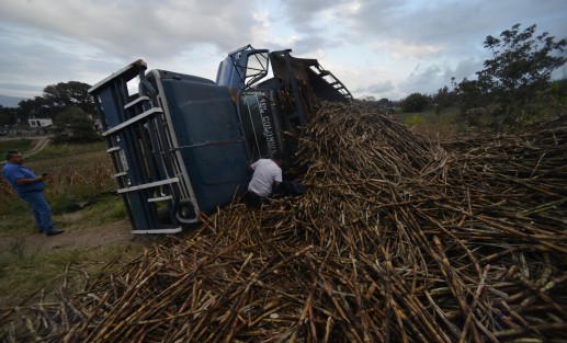  Un camión cañero volcó sobre la carretera Xalapa- Alto-Lucero. A decir de los peritos, el peso de la carga y los falla en los frenos, habrían provocado la volcadura de la unidad. 
