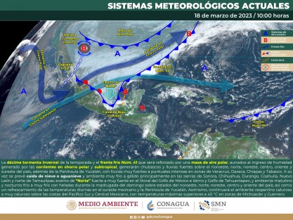 Lluvias puntuales intensas en Veracruz y Tabasco, con posible caída de granizo en zonas altas de Veracruz, dichas lluvias podrían originar incremento en los niveles de ríos y arroyos, deslaves e inundaciones en zonas bajas de los estados indicados.