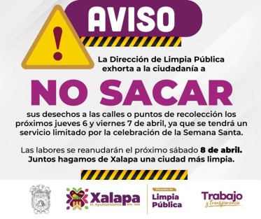 Por la celebración de la Semana Santa y con el fin de cumplir con las Condiciones Generales de Trabajo que rigen a los empleados municipales, los días jueves 6 y viernes 7 de abril se limitará el servicio de recolección de desechos sólidos urbanos, por lo que se exhorta a la ciudadanía a no sacar sus residuos a las calles o puntos de recolección durante estos días, si no hay toque de campana.

