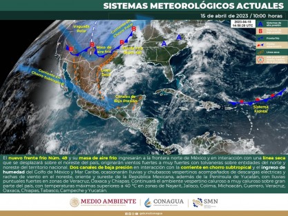  En los siguientes dos días se prevé que un frente frío (posible 49), actualmente desplazándose por el centro de los Estados Unidos ingrese al noroeste del Golfo de México en las primeras horas del domingo 16, y recorra Tamaulipas y Veracruz durante ese día y lunes 17, impulsado por una masa de aire polar, y asociado a una vaguada prefrontal. 