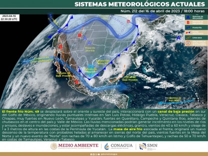 El frente frío 49 se mueve a esta hora sobre el norte de Tamaulipas, previéndose que mañana lunes 17 alcance la región de Los Tuxtlas, Veracruz donde tendería a estacionarse.