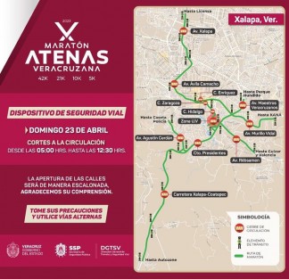  Por la realización del Maratón Atenas Veracruzana con rutas de 42K, 21K, 10K y 5K, este domingo se llevará a cabo un cierre parcial en distintas calles de la zona Centro y avenidas aledañas de la ciudad, de 5:00 a 12:00 horas. 

