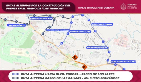 A partir del próximo domingo y hasta noviembre estarán disponibles cuatro rutas alternas de entrada y salida a la capital del estado, debido a la construcción del Paso Superior Vehicular Las Trancas, frente al módulo de la Fuerza Civil, como parte del Plan B de vialidad en Xalapa. 
