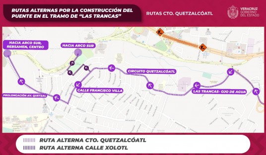A partir del próximo domingo y hasta noviembre estarán disponibles cuatro rutas alternas de entrada y salida a la capital del estado, debido a la construcción del Paso Superior Vehicular Las Trancas, frente al módulo de la Fuerza Civil, como parte del Plan B de vialidad en Xalapa. 