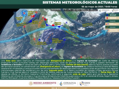 Cielo medio nublado durante la mañana y nublado por la tarde, con lluvias puntuales fuertes, descargas eléctricas y posible caída de granizo en Tamaulipas y Veracruz. . Ambiente templado durante la mañana y muy caluroso por la tarde. Viento de componente este de 30 a 40 km/h en la región, con rachas de 70 a 80 km/h.